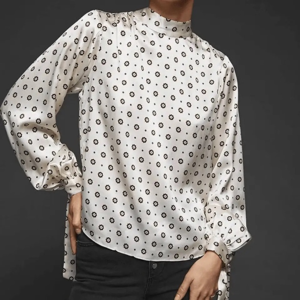 Anine Bing blouse silk long sleeve Esther pattern tie too in champagne.